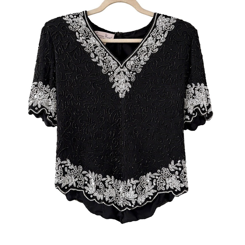 Vintage 90's 100% Pure Silk Laurence Kazar XL Faux Pearl Embellished Evening Top